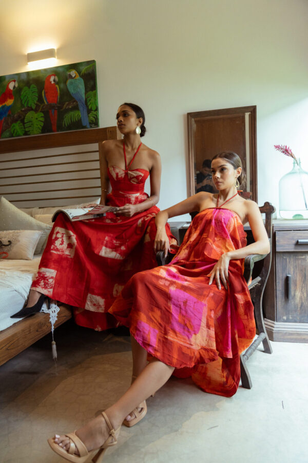 Carina Corset Maxi Dress in Red and Gold Batik