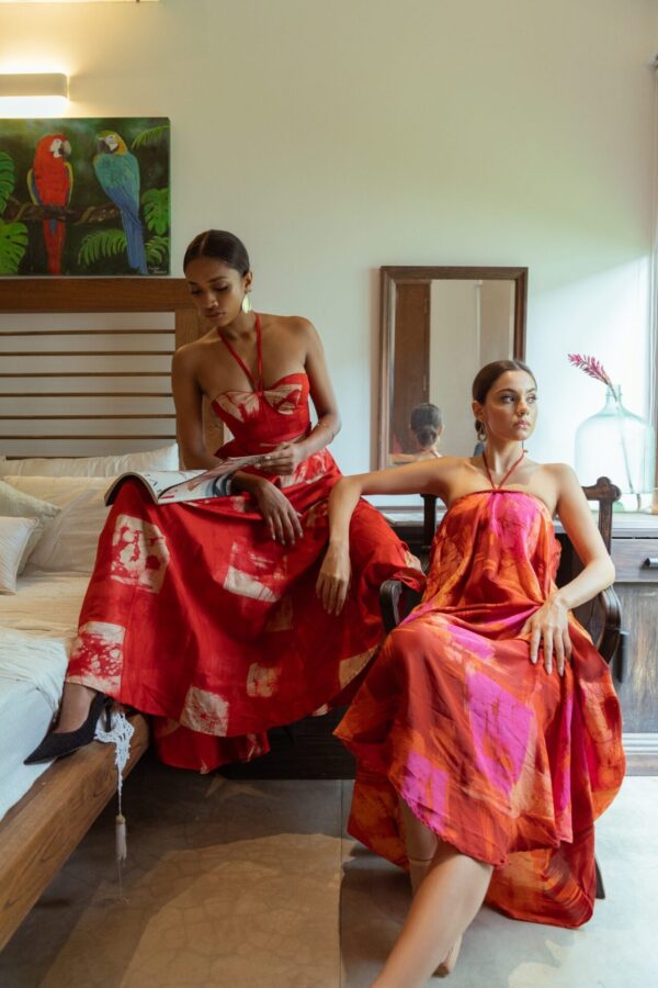 Carina Corset Maxi Dress in Red and Gold Batik