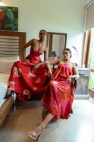 Carina Corset Maxi Dress in Red and Gold Batik