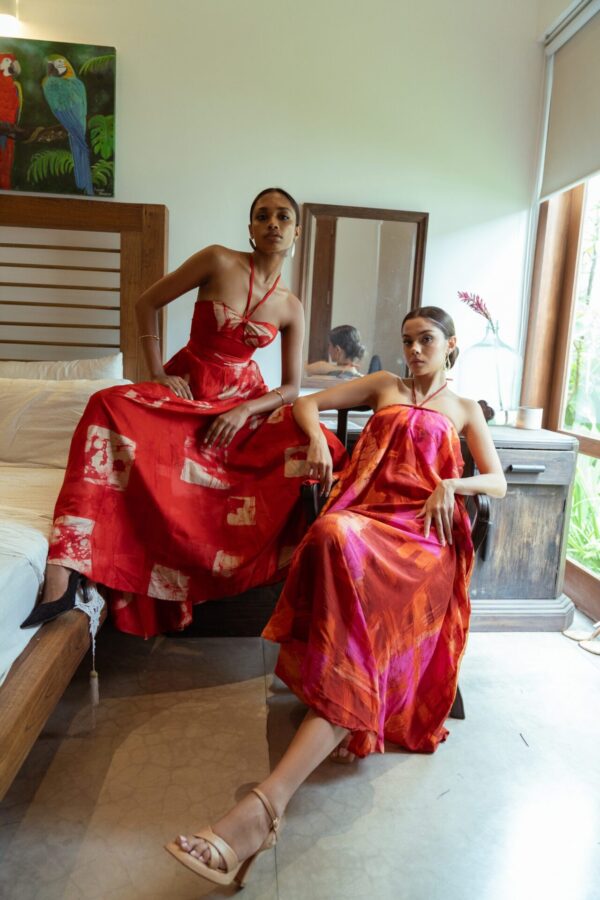 Carina Corset Maxi Dress in Red and Gold Batik