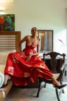 Carina Corset Maxi Dress in Red and Gold Batik