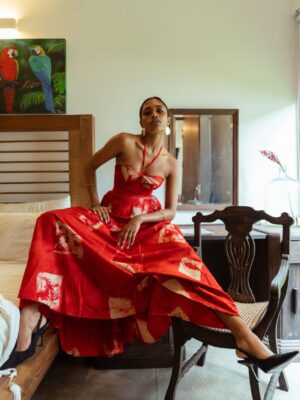 Carina Corset Maxi Dress in Red and Gold Batik