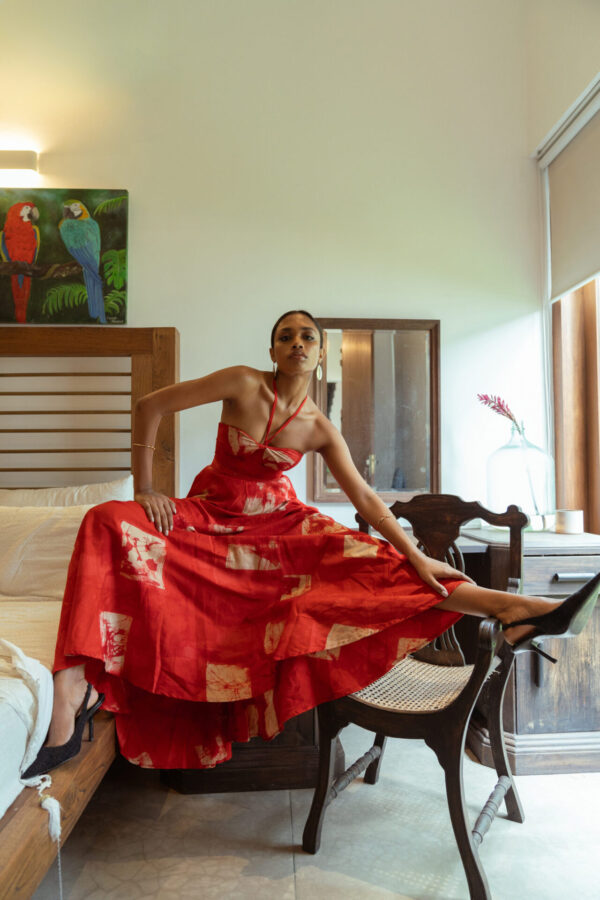 Carina Corset Maxi Dress in Red and Gold Batik