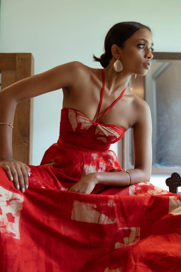 Carina Corset Maxi Dress in Red and Gold Batik