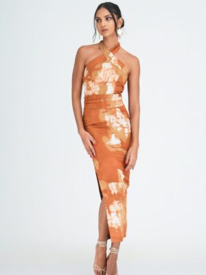 Amaya Bodycon Batik Midi Dress in Beige