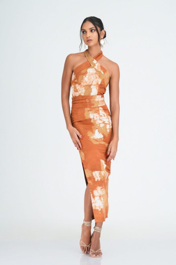 Amaya Bodycon Batik Midi Dress in Beige